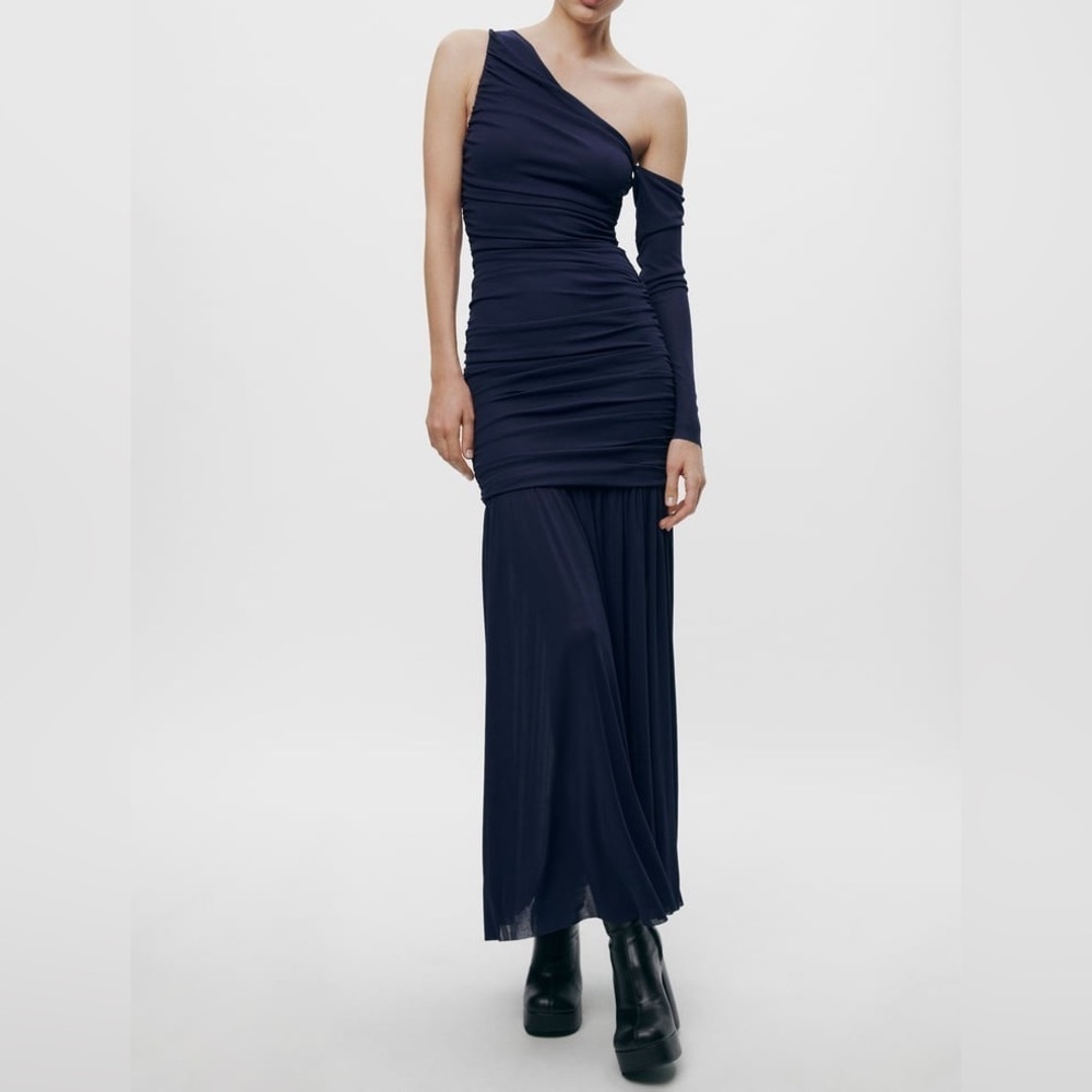 NWOT Zara ZW Collection Asymmetric Midi Dress in Navy Size M